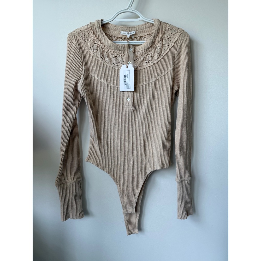 Free The Roses Lace Inserted Bodysuit Beige Ribbed Henley Long Sleeve TL592T L